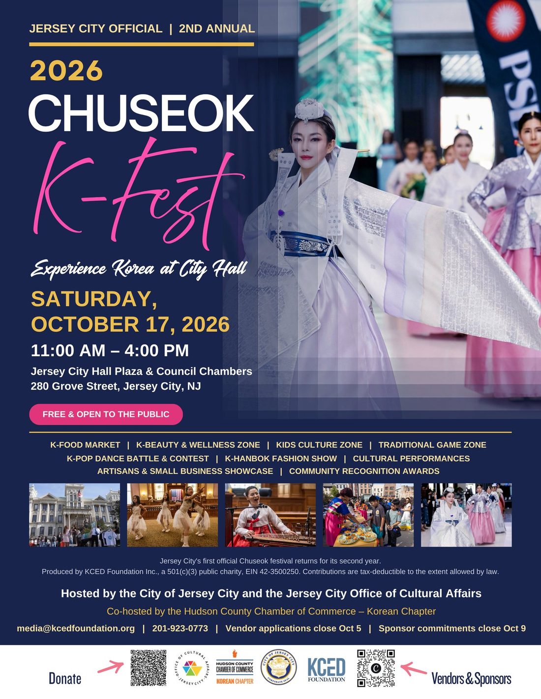2026 Chuseok K-Fest poster: Saturday, October 17, 2026, 11 AM to 4 PM, Jersey City Hall Plaza and Council Chambers, 280 Grove Street. Free and open to the public.