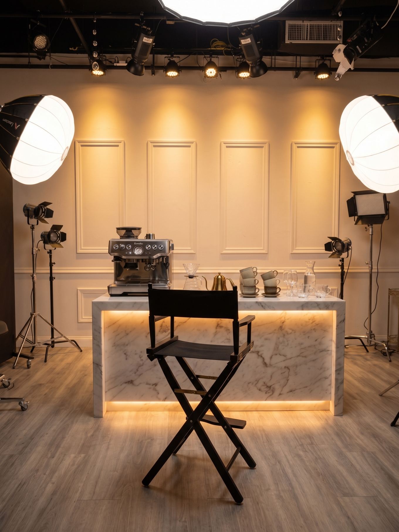 Marble coffee bar with espresso machine and a director's chair