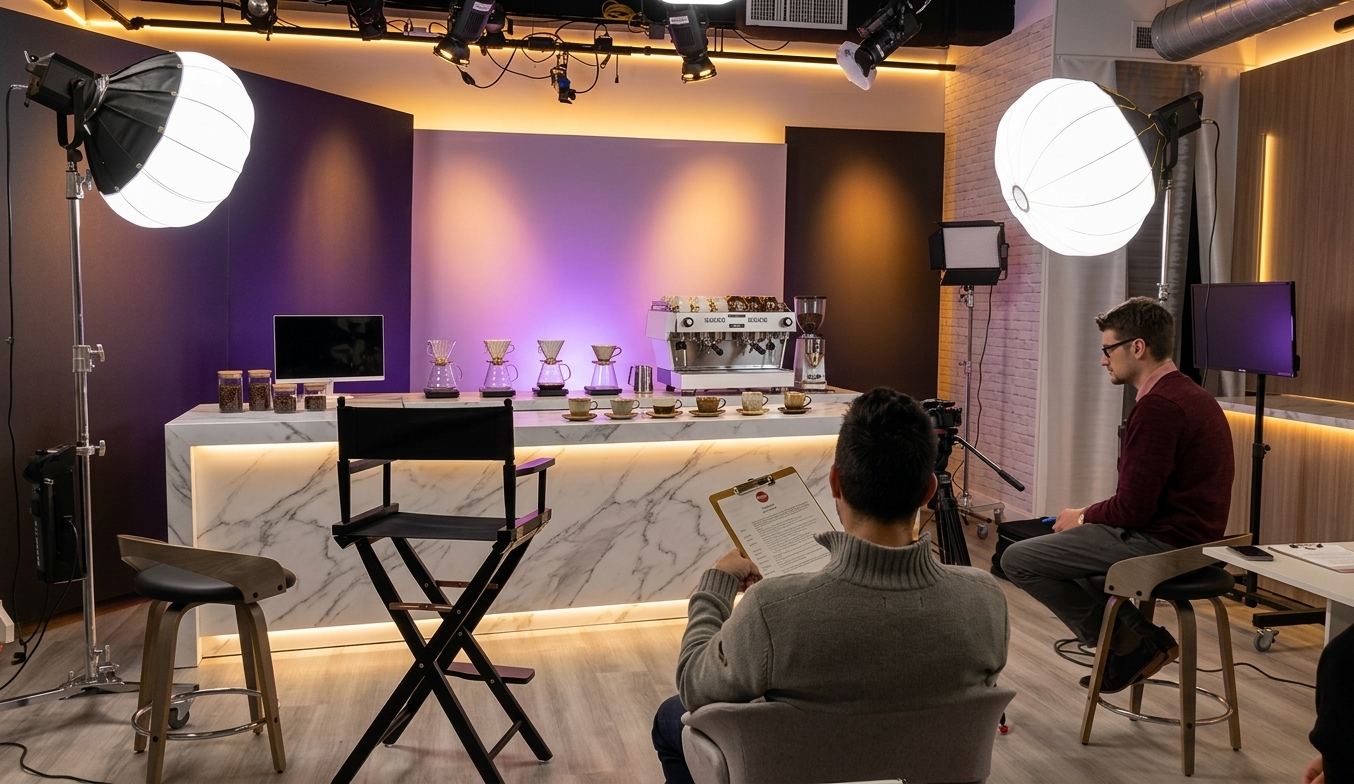 Two-person interview seated at the coffee bar under studio lights