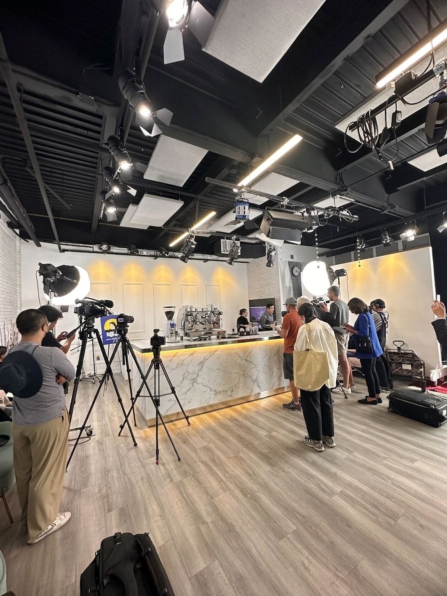 Marble coffee bar with cameras on tripods and an audience standing by