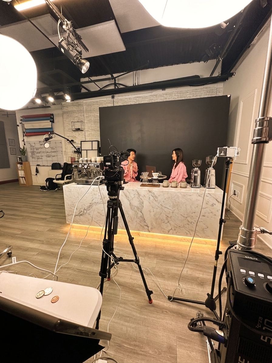 Host at the marble coffee bar with production monitors