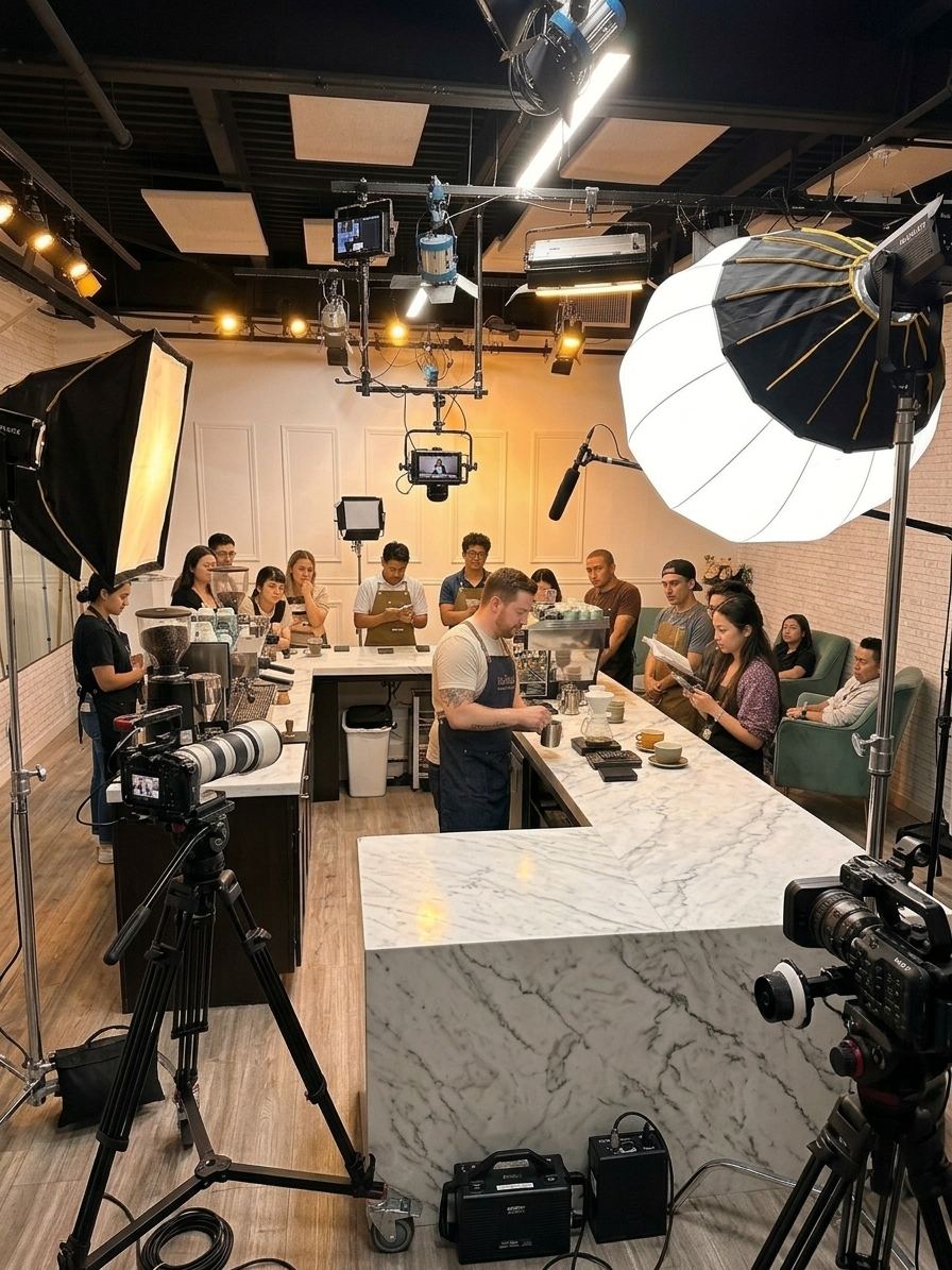 Open podcast taping at the coffee bar with crew and audience