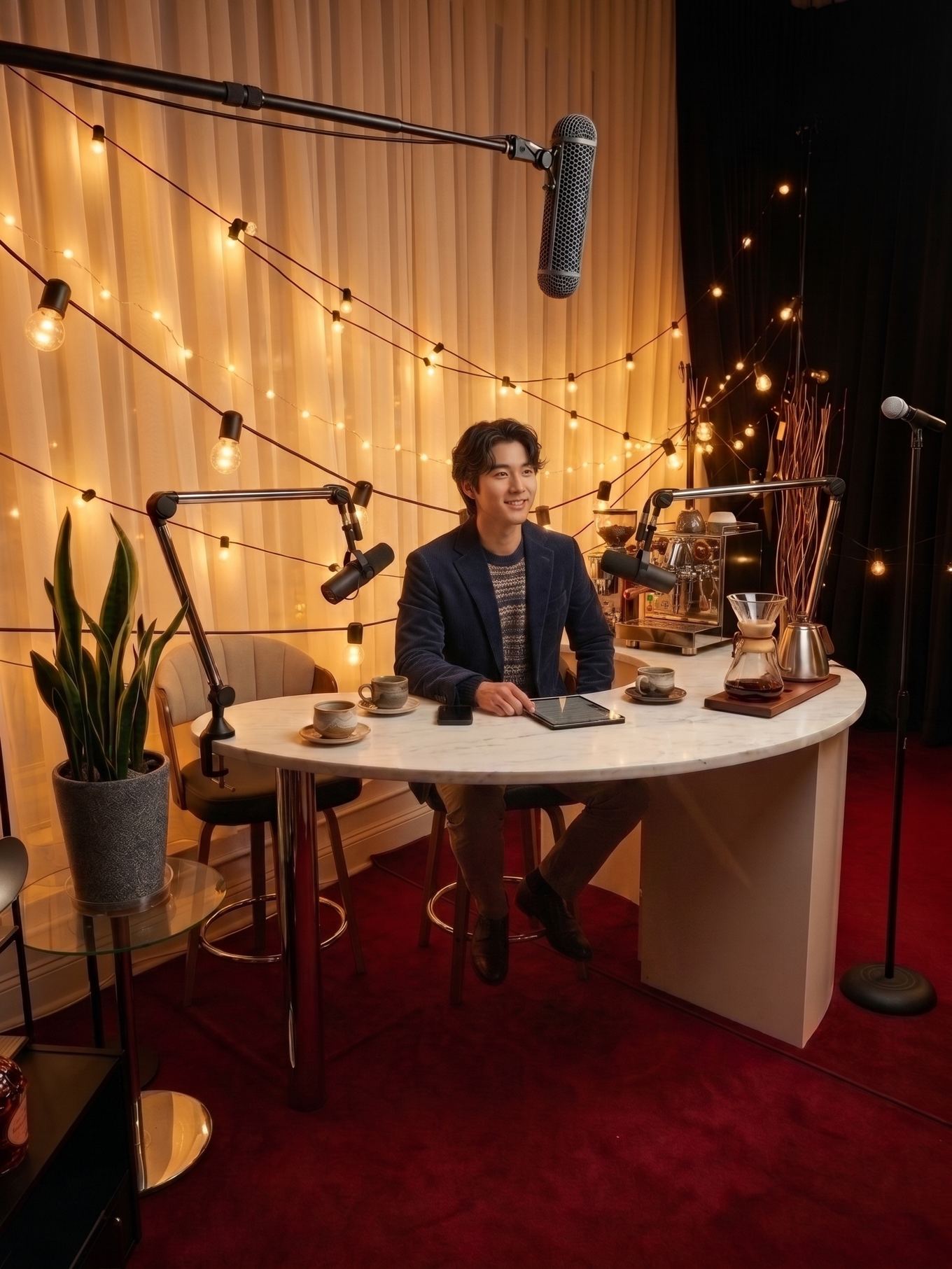 String-light podcast set with a round marble table and microphones