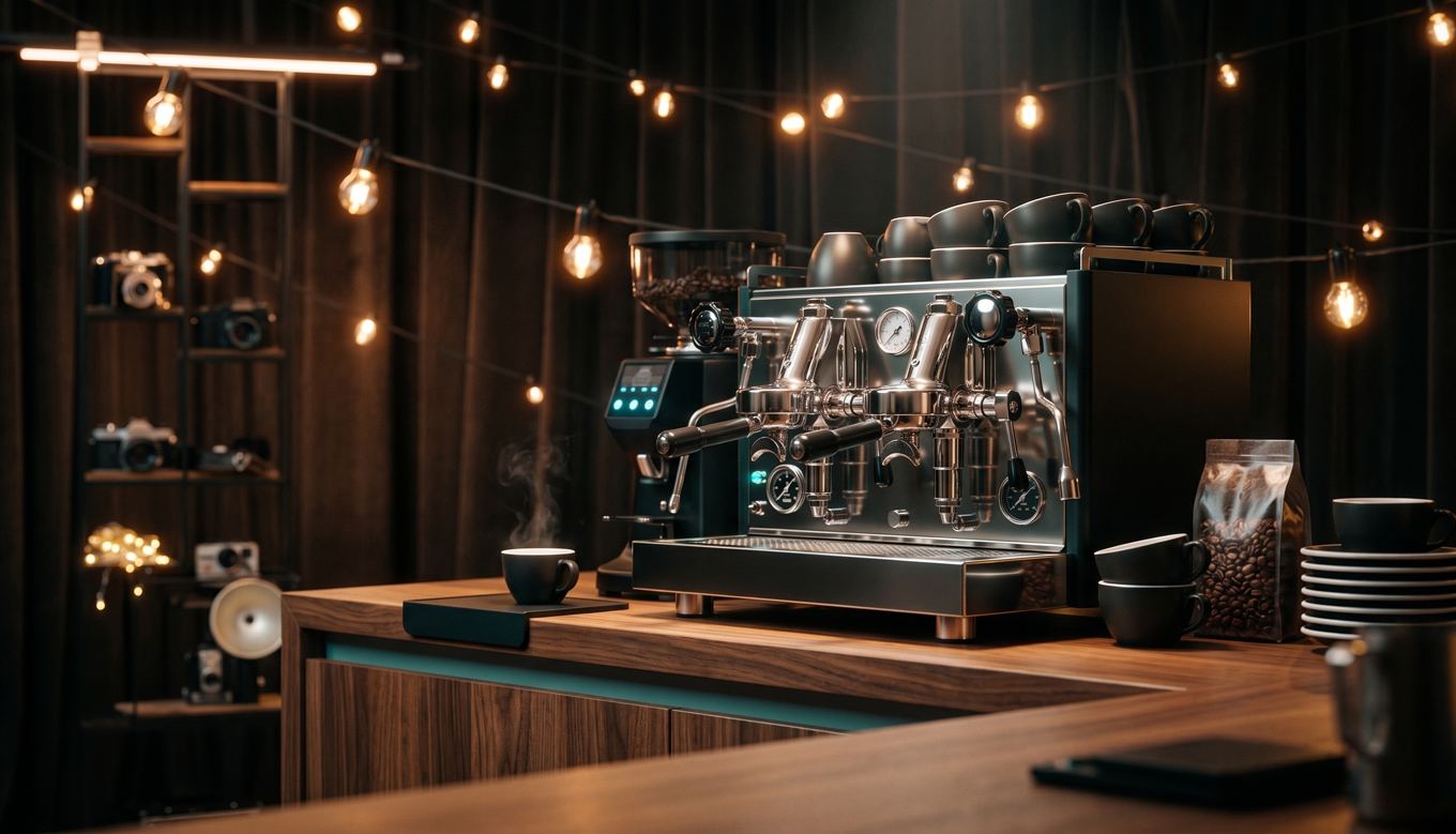 Dark coffee bar with string lights and vintage cameras on shelves