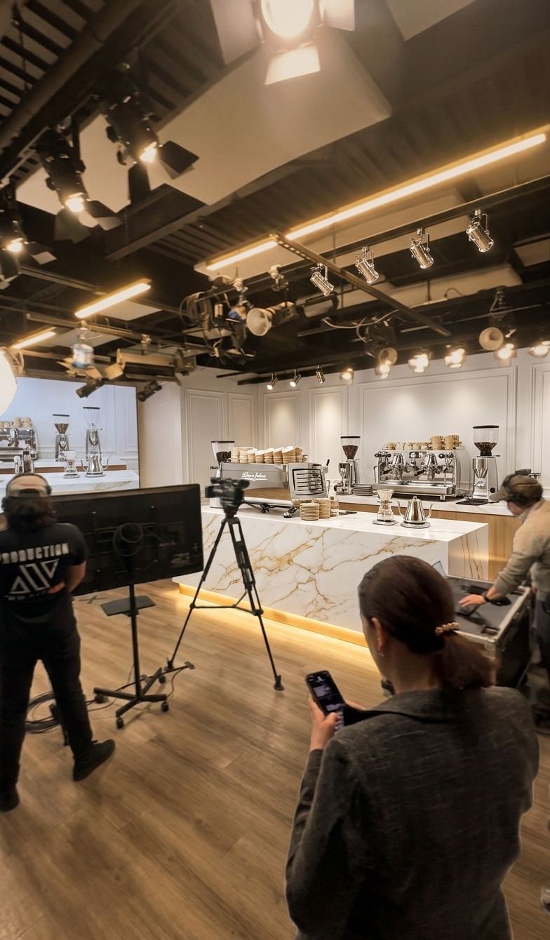 Full coffee station with grinders and crew setting up cameras