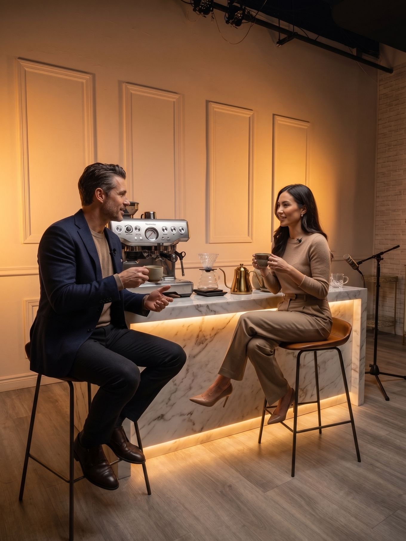 Two people talking across the coffee bar with a microphone overhead